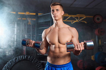 Fototapeta na wymiar Man doing heavy weight exercise with dumbbells in gym