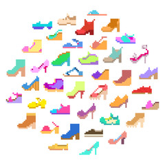Fototapeta premium Big pixel art set, 40 different types of woman's shoes