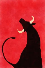 Schilderijen op glas Fighting Bull silhouette over red background © martacobos