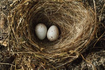 Close Up Detail of a Blackbird Nest with Two Eggs