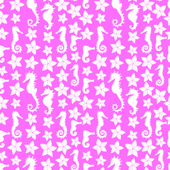 Exotic colorful seamless pattern with seahorses and starfishes
