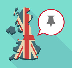 Long shadow United Kingdom map with a comic balloon and a push p