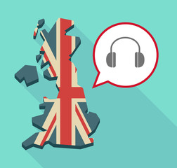 Long shadow United Kingdom map with a comic balloon and a earpho