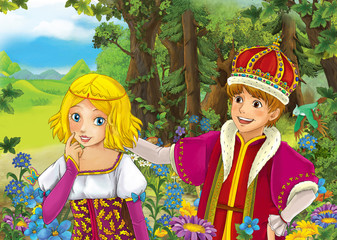 Cartoon scene with young royal couple - boy and girl - prince and princess in the forest - walking - illustration for children 