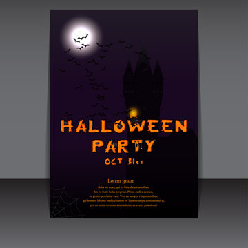 Halloween flyer design with castle silhouette on full moon. Vector illustration.