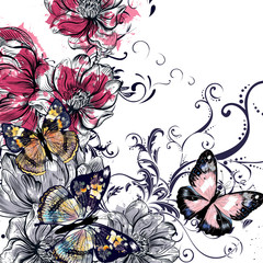 Vector illustration with vintage butterflies and magnolia flower