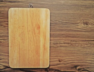 A worn butcher block cutting board on wooden background.