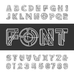 Decorative geometric alphabet font. Type letters and numbers. Vector typeface for headlines, posters etc.