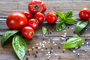 Tomatoes with basil in colander on wooden table background. Food