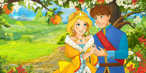 Obraz na płótnie Canvas Cartoon scene with cute royal charming couple on the meadow - illustration for children
