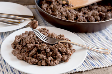 Roasted  minced meat on white plate and pan with minced meat