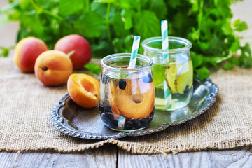 Healthy water with cucumber, zingiber, peach and mint.