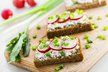 Delicious sandwiches with soft cream cheese and radish.  Vegetarian food.