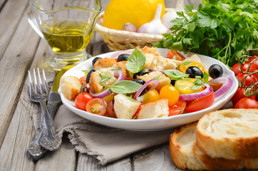 Traditional Italian Panzanella salad with fresh tomatoes and crispy bread, selective focus
