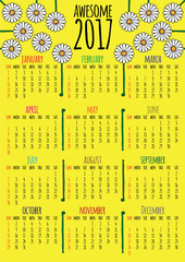 Optimistic floral 2017 vector calendar. Week starts with sunday. You can see hand drawn daisy flowers, title that says AWESOME 2017.