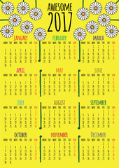 Optimistic floral 2017 vector calendar. Week starts with monday. You can see hand drawn daisy flowers, title that says AWESOME 2017.