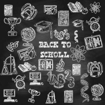 Back to school set of drawings by hand on the chalk board. Education.
