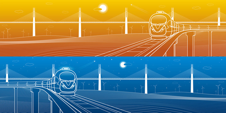 Amazing transportation and technology panoramic. Train goes over the railway on the background of cable-stayed bridge and wind turbines, vector design art