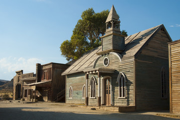 Fake Church and Blacksmith in Western Movie Town Set, Fort Bravo, Tabernas Desert, Almeria, Andalusia, Spain