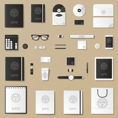 Corporate identity template set. Business stationery mock-up with logo. Branding design. Notebook, card, catalog, pen, pencil, badge, tablet pc mobile phone letterhead