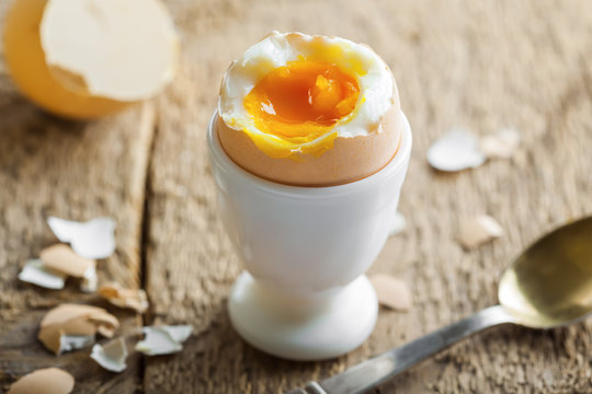 Healthy breakfast with perfect soft boiled egg. Delicious homemade food.