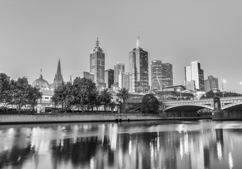 MELBOURNE - OCTOBER 2015: Black and white city skyline at night.