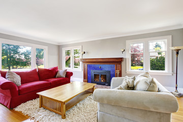 Cozy living room interior with red and beige sofas