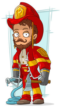 Cartoon bearded fireman with fire-pump