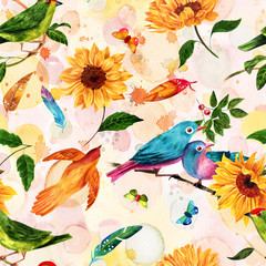 Seamless pattern with watercolor birds and flowers