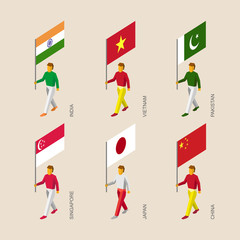 Isometric 3d people with flags