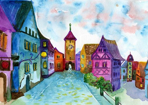 Rainbow town street watercolor illustration