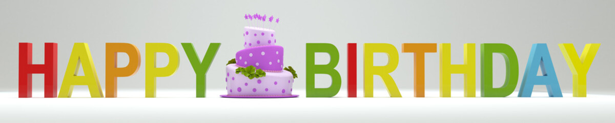 Happy Birthday 3D Illustration, Render Of 3D Letters And Cake