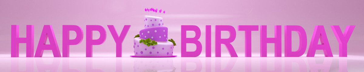 Happy Birthday 3D Illustration, Render Of 3D Letters And Cake, Purple-Pink Version