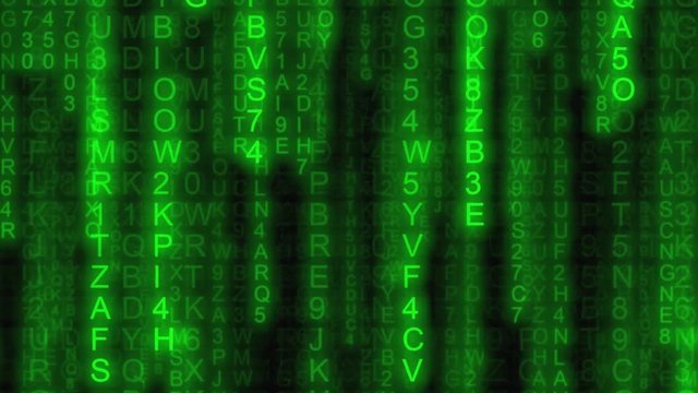 Code rain (random computer symbols falling down): a popular sci-fi movie effect; obscure technology; source code, hacking, AI takeover. Zoom in, 30 seconds version.
