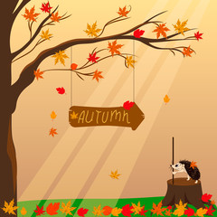 Autumn background. Vector illustration with wood arrow plate. Fallen leaves and cute hedgehog near maple. - 118631352