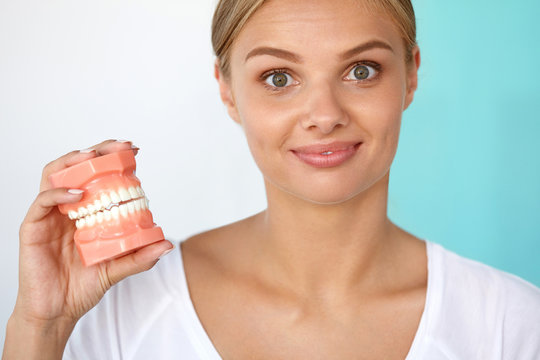 Woman With Beautiful Smile, Healthy Teeth Holding Dental Model. High Resolution Image