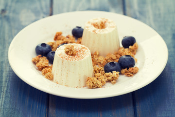 fresh cheese with granola and blueberries on plate on blue wooden background