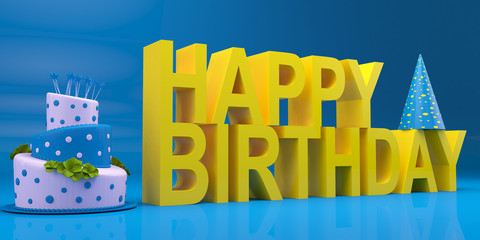 Happy Birthday 3D Illustration, Render Of 3D Letters And Cake, Blue-Yellow Version