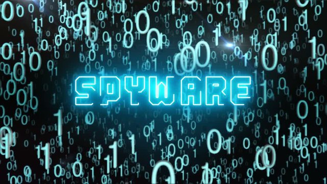 Seamless looping animation with the word Spyware composed into falling bluish binary code