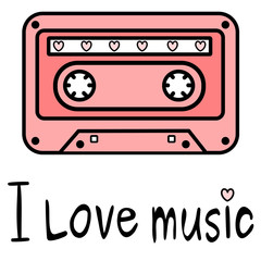 cute cartoon pink music tape with I love music quote vector illustration

