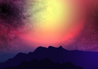 Naklejka premium Sunset or Dawn Over the Mountains Landscape - Vector Illustration