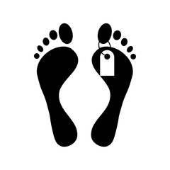 Human feet with toe tag icon in simple style on a white background