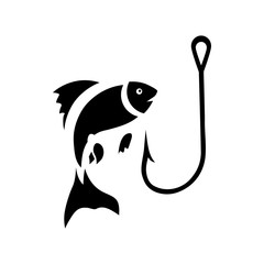 Fishing hook and fish icon in simple style on a white background