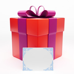3d illustration Red gift-box with pink ribbon and card