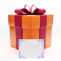 3d illustration Orange gift-box with red ribbon and card