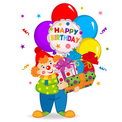 clown keeps balloons and birthday gifts - vector illustration, eps