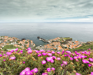 Aerial view of popular Camara de Lobos town in south of Madeira island, Portugal