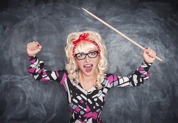 Angry screaming retro teacher with pointer