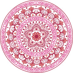 Drawing of a floral mandala in red and pink colors on a white background