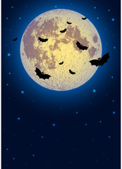 Naklejka premium Illustration on theme of Halloween. Pale moon and bats in night against dark-blue starry sky. Moon furnished by NASA. Raster illustration